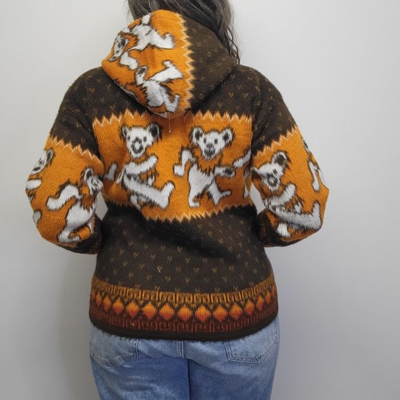 GRATEFUL DEAD Bears Fuzzy Wool/Cotton Zip Hoodie Sweater Brown Orange Unisex S - Picture 5 of 11